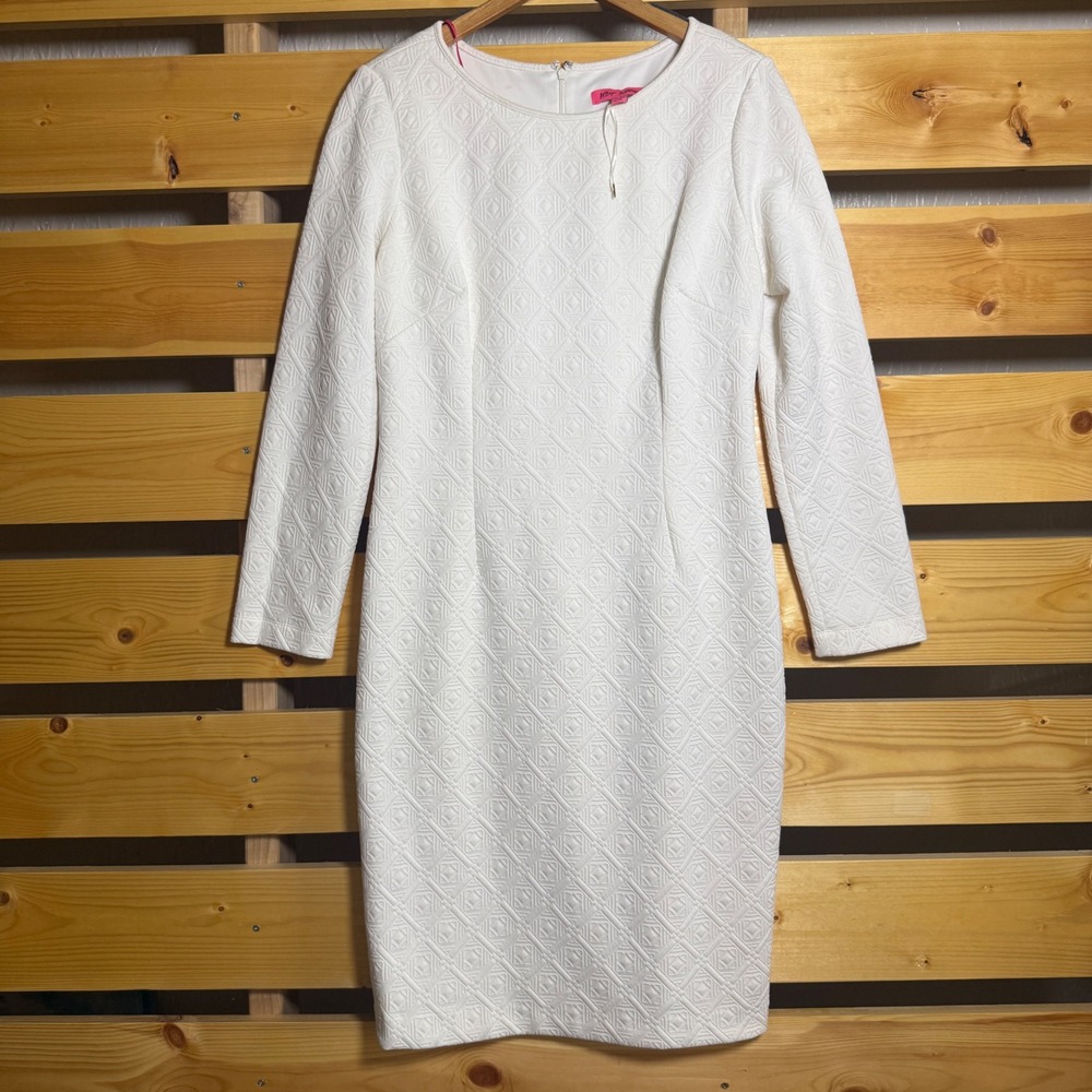 Betsey Johnson Sheath Dress Womens 14 White Geometric Textured Long Sleeve